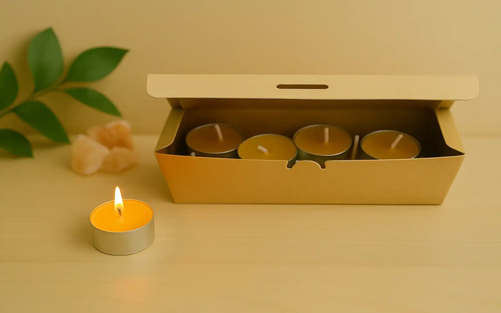 Pack de velas tea light de cera de abeja en caja kraft reciclada, formato ecológico y natural.