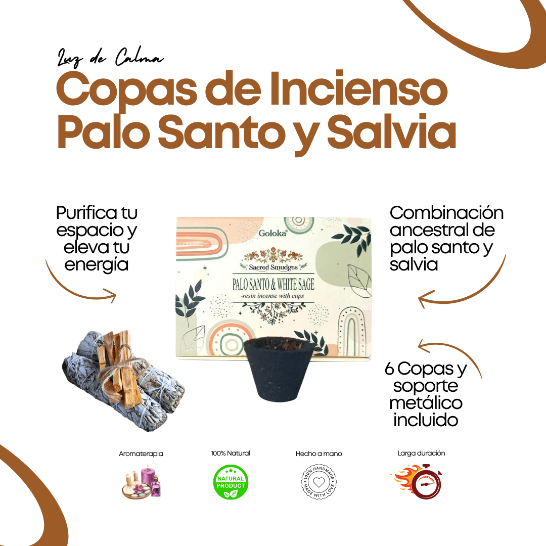 Copas de Incienso Goloka de Palo Santo y Salvia, con ingredientes naturales para limpieza energética, purificación espiritual y meditación.