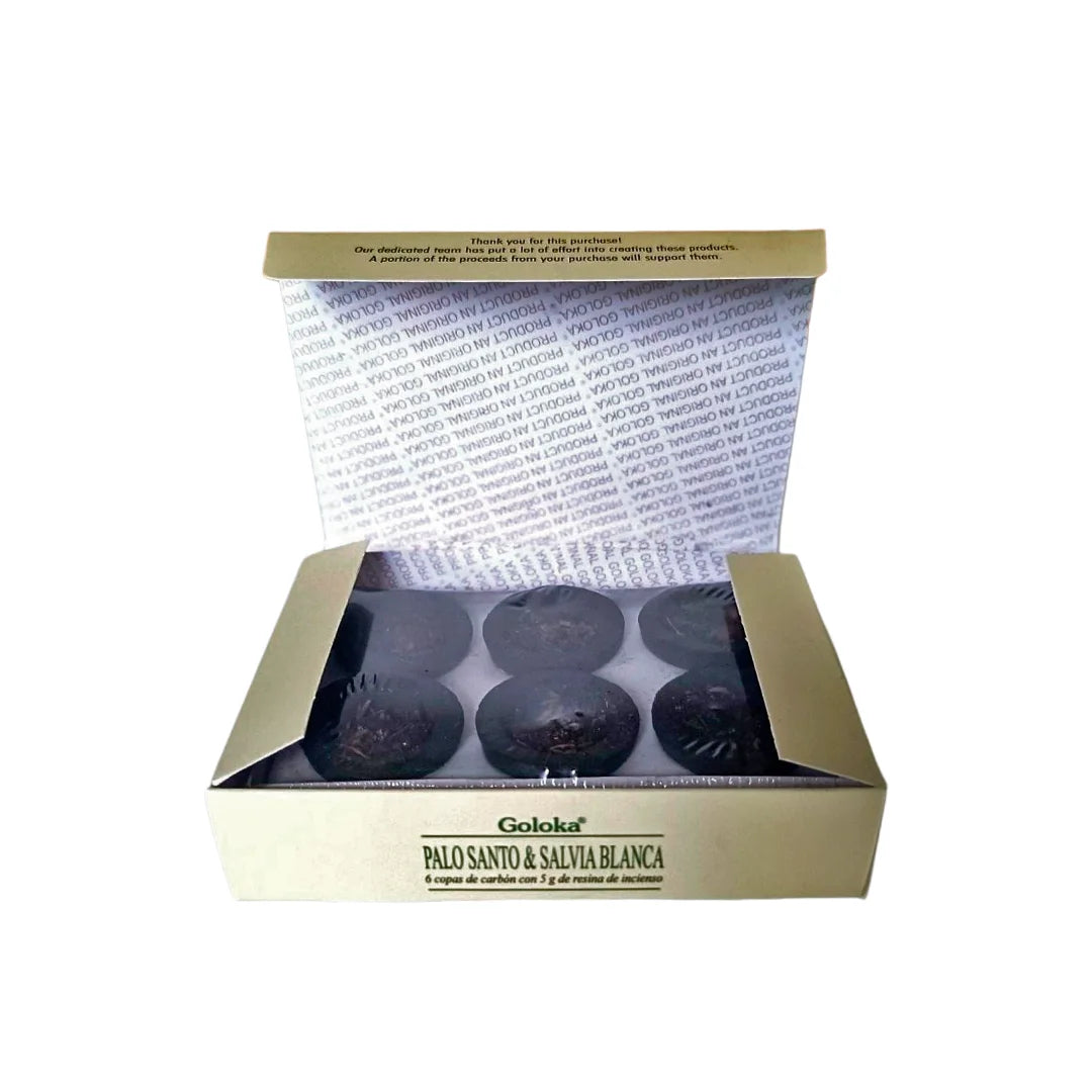 Caja abierta de copas de incienso Goloka con seis unidades de carbón y resina de Palo Santo y Salvia Blanca