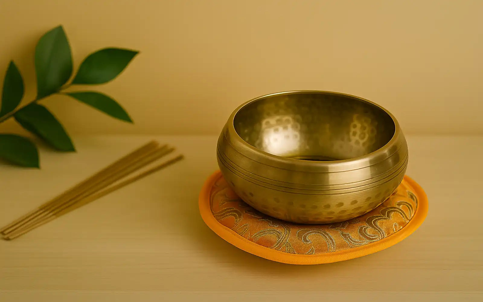 Cuenco tibetano dorado sobre cojín bordado naranja, acompañado de varillas de incienso y hojas verdes, ideal para meditación y armonización energética.