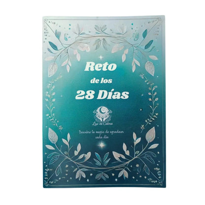 Portada del diario "Reto de los 28 Días" de Luz de Calma con diseño floral y fondo azul turquesa, centrado en gratitud y abundancia.