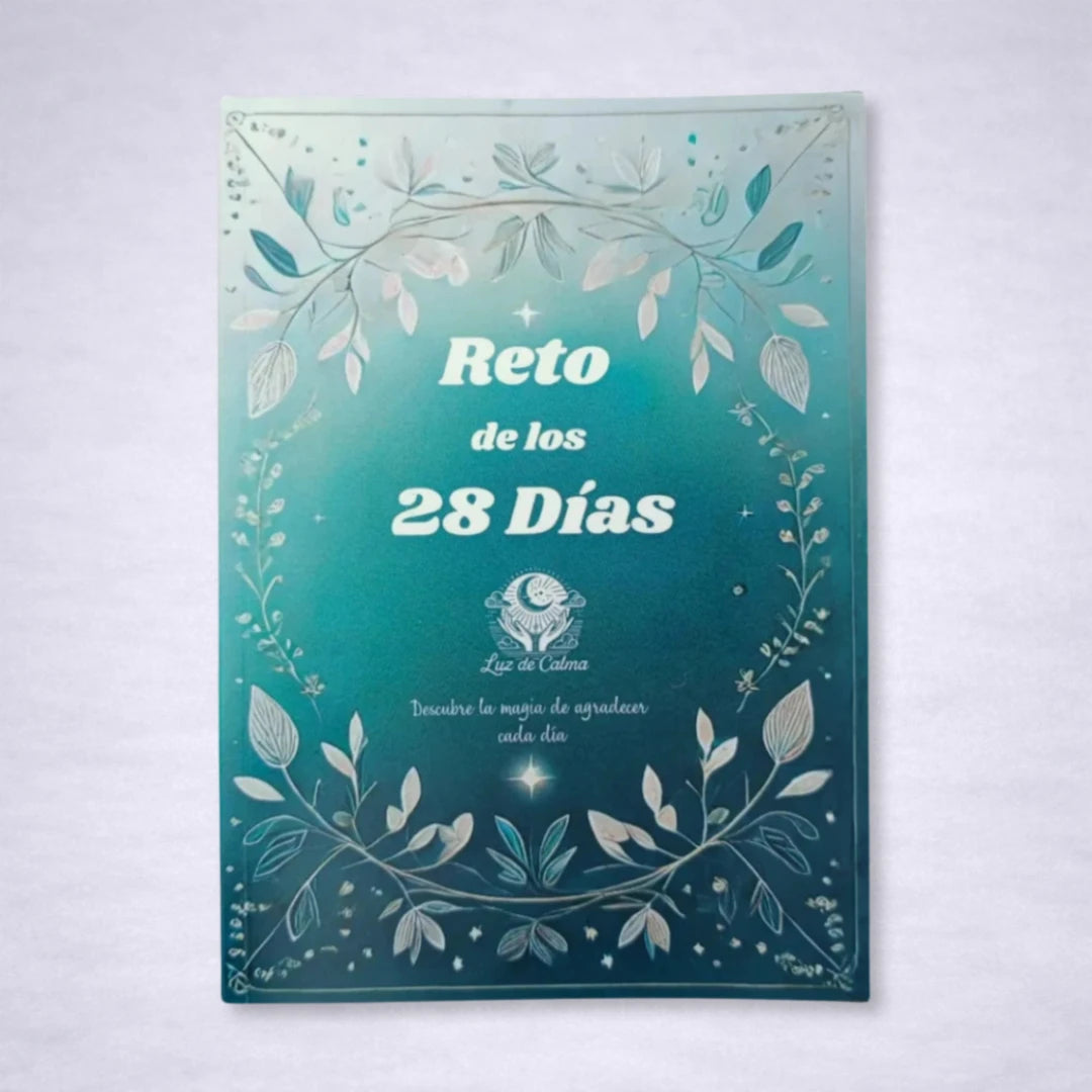 Diario de gratitud y abundancia Luz de Calma, reto de 28 días con diseño botánico en tonos turquesa sobre fondo gris suave
