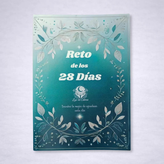 Diario de gratitud y abundancia Luz de Calma, reto de 28 días con diseño botánico en tonos turquesa sobre fondo gris suave