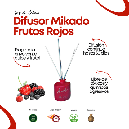 Difusor de aromas mikado de frutos rojos con varillas naturales y frasco decorativo de cristal. Ambientador natural y duradero, ideal para el hogar.