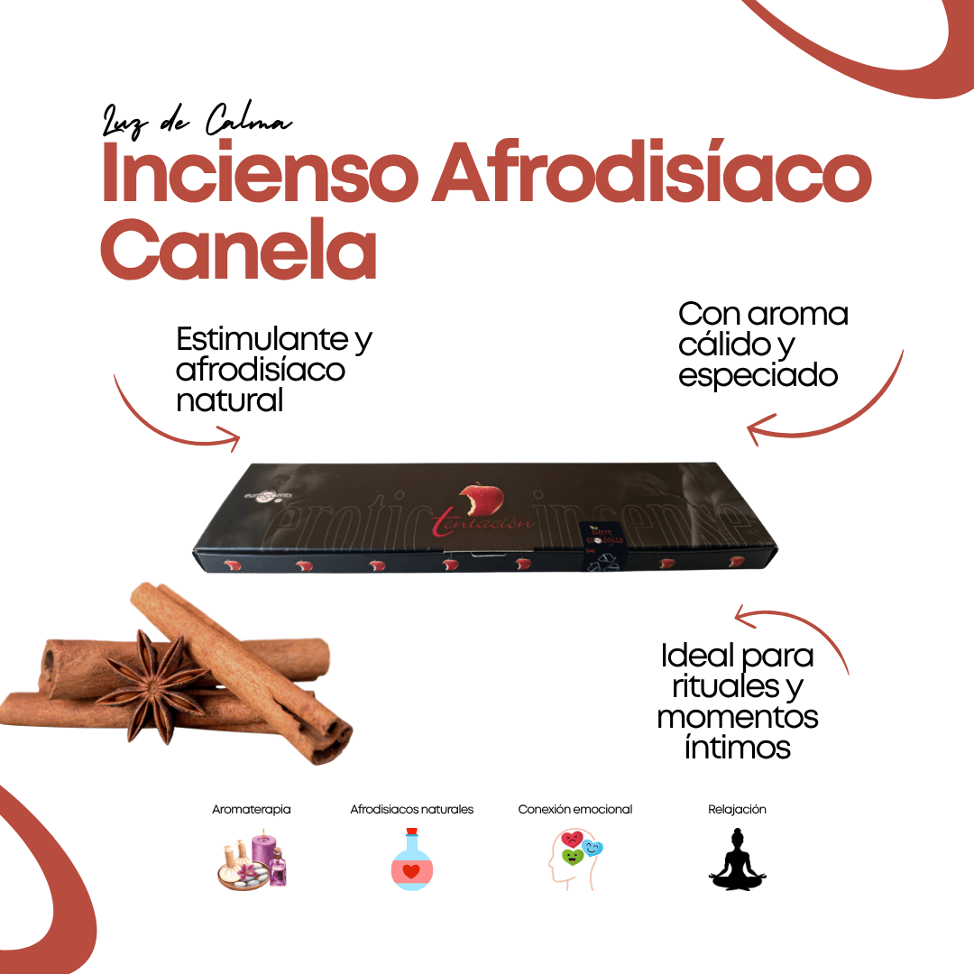 Imagen informativa del Incienso Afrodisíaco de Canela de Luz de Calma, destacando sus beneficios sensoriales, propiedades afrodisíacas y efectos en la conexión emocional. Ideal para rituales íntimos y relajación.