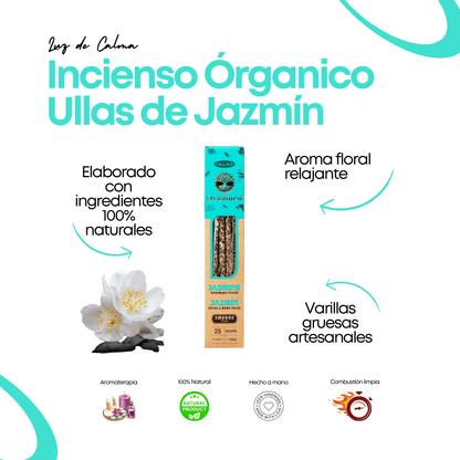 Incienso orgánico Ullas Jazmín con varillas gruesas artesanales de aroma floral, calmante y natural sobre fondo beige claro.