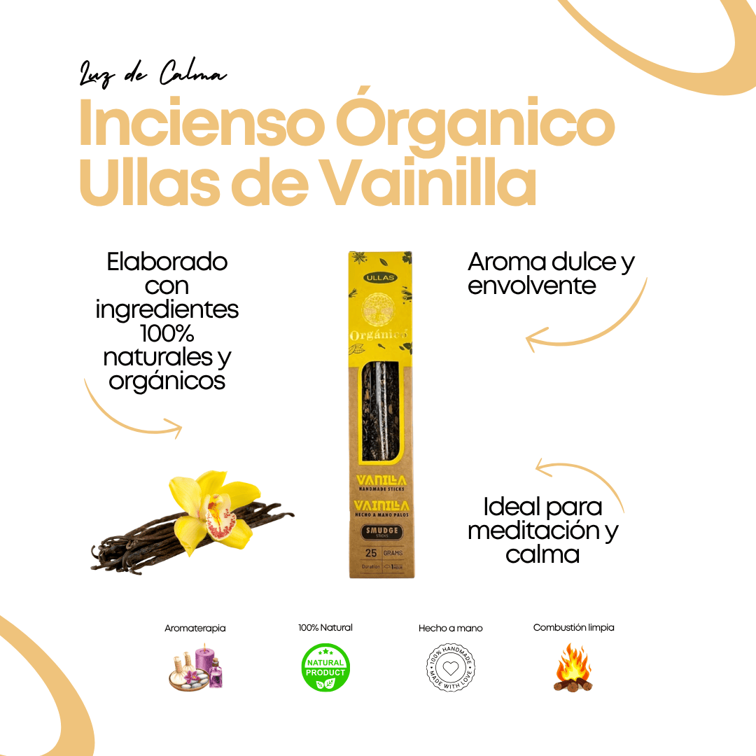 Incienso orgánico de vainilla Ullas con aroma natural, varillas artesanales y presentación ecológica para meditación y relajación.