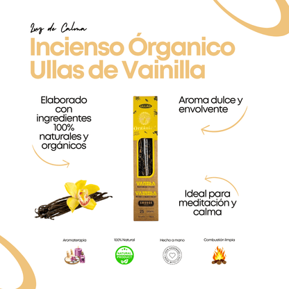 Incienso orgánico de vainilla Ullas con aroma natural, varillas artesanales y presentación ecológica para meditación y relajación.