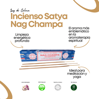 Imagen informativa del Incienso Satya Nag Champa, mostrando sus beneficios principales: aroma espiritual, flor de champa, relajación profunda y uso ideal en meditación o yoga. Producto 100% natural y artesanal.