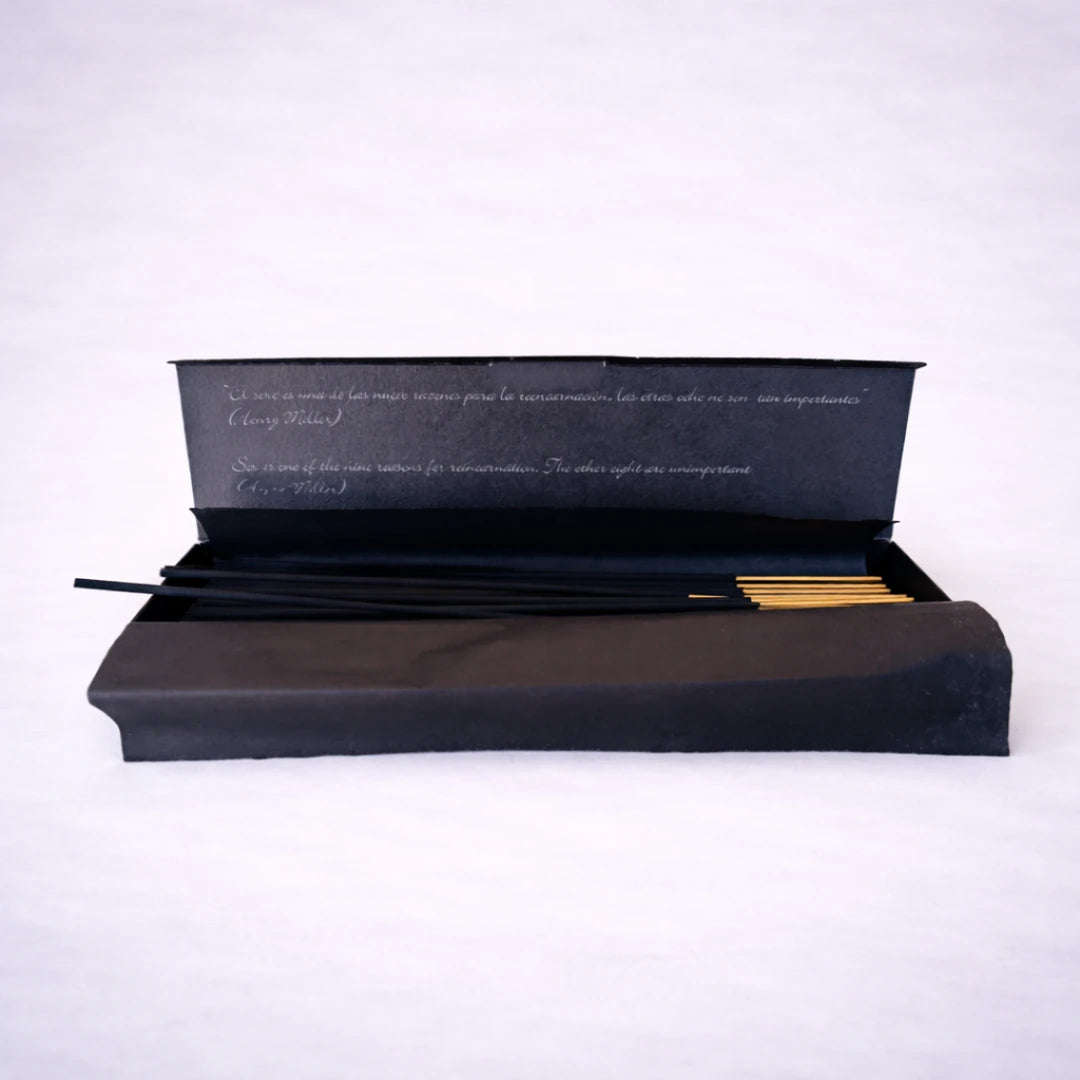 Caja abierta de incienso de canela con varillas artesanales negras y punta dorada sobre fondo gris suave