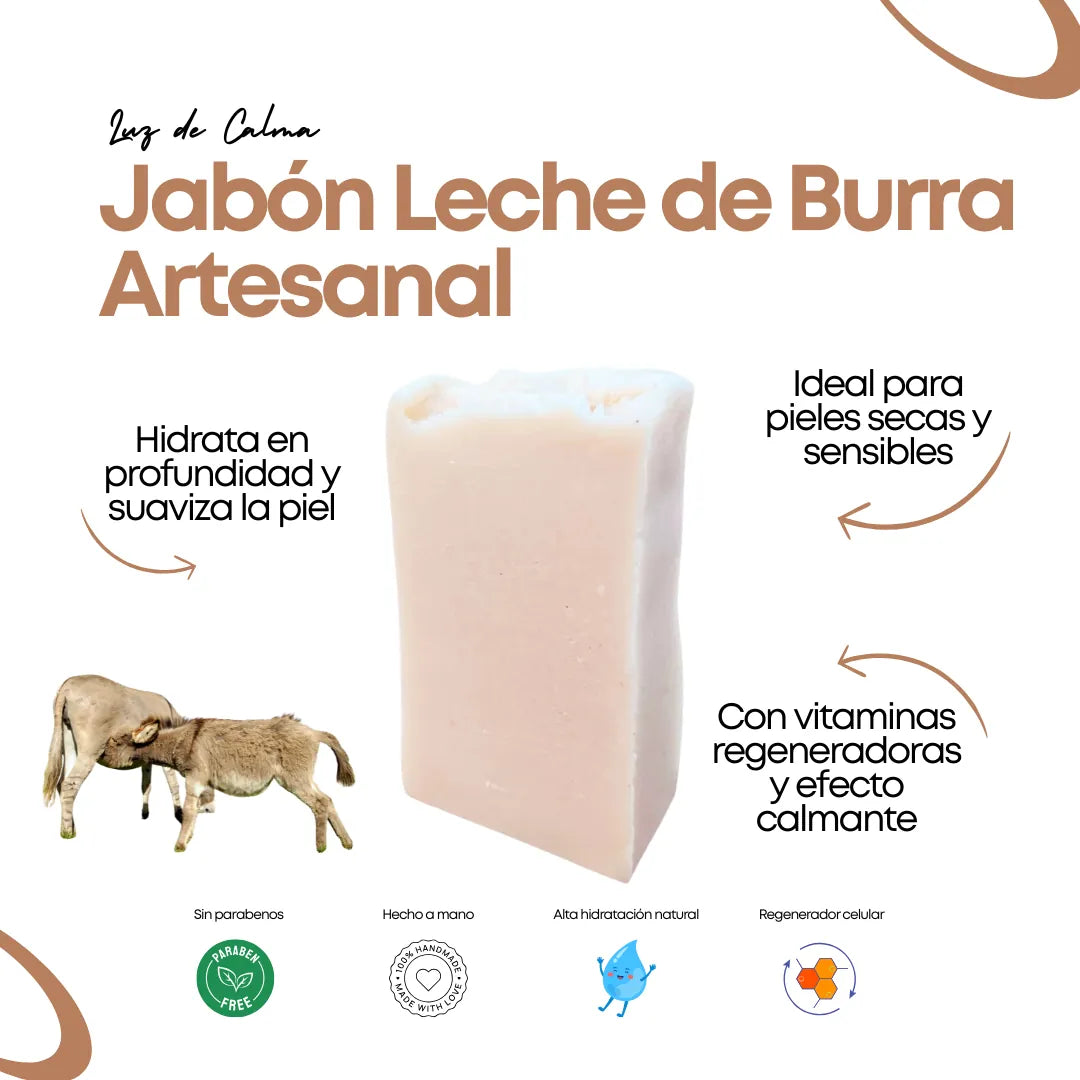 Jabón artesanal de leche de burra con vetas cremosas y aspecto natural, elaborado a mano en España.