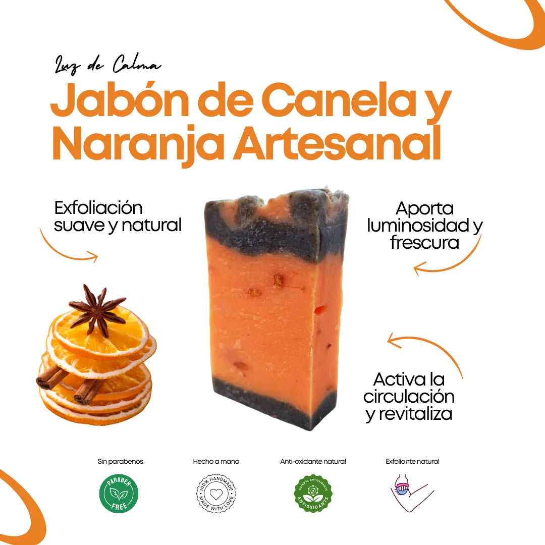 Jabón artesanal de canela y naranja de Luz de Calma: exfoliante natural con aroma revitalizante para una piel luminosa y cuidada.