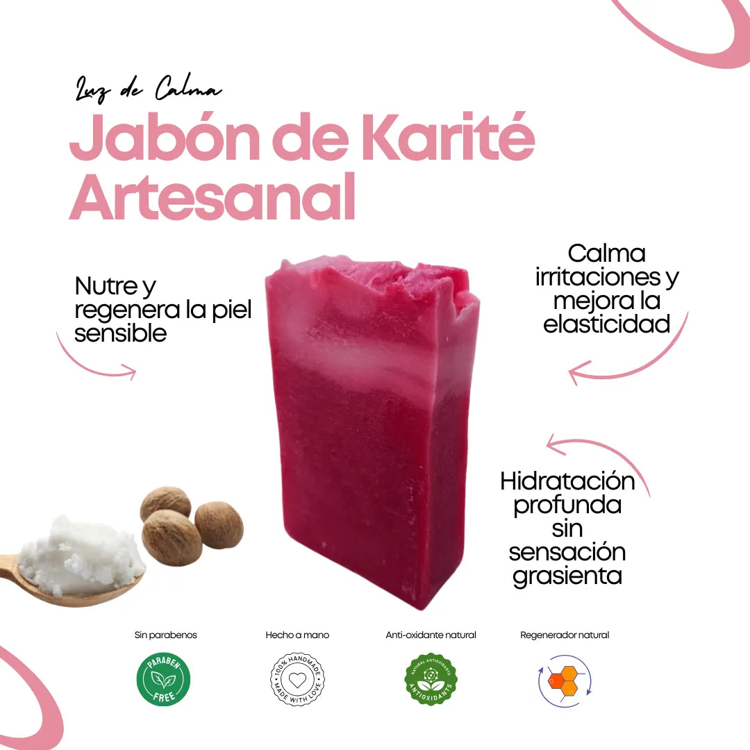 Jabón artesanal de karité de color rosado, hidratante, regenerador y calmante para pieles sensibles, hecho a mano con ingredientes naturales.