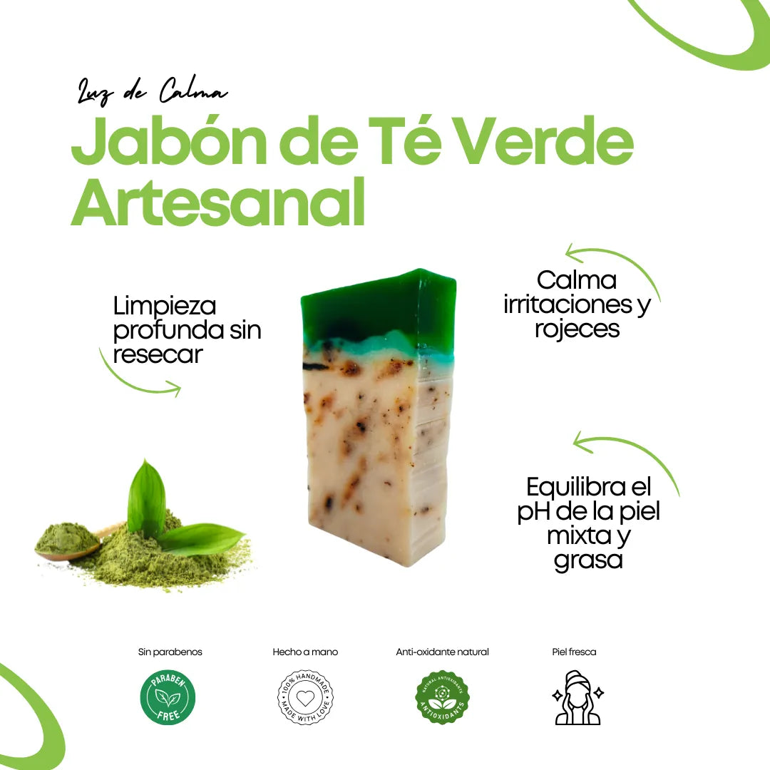Jabón artesanal de té verde con ingredientes naturales, limpieza profunda, frescura y equilibrio para piel mixta y grasa.