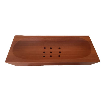 Jabonera de madera artesanal para baño, diseño rectangular con sistema de drenaje antideslizante.