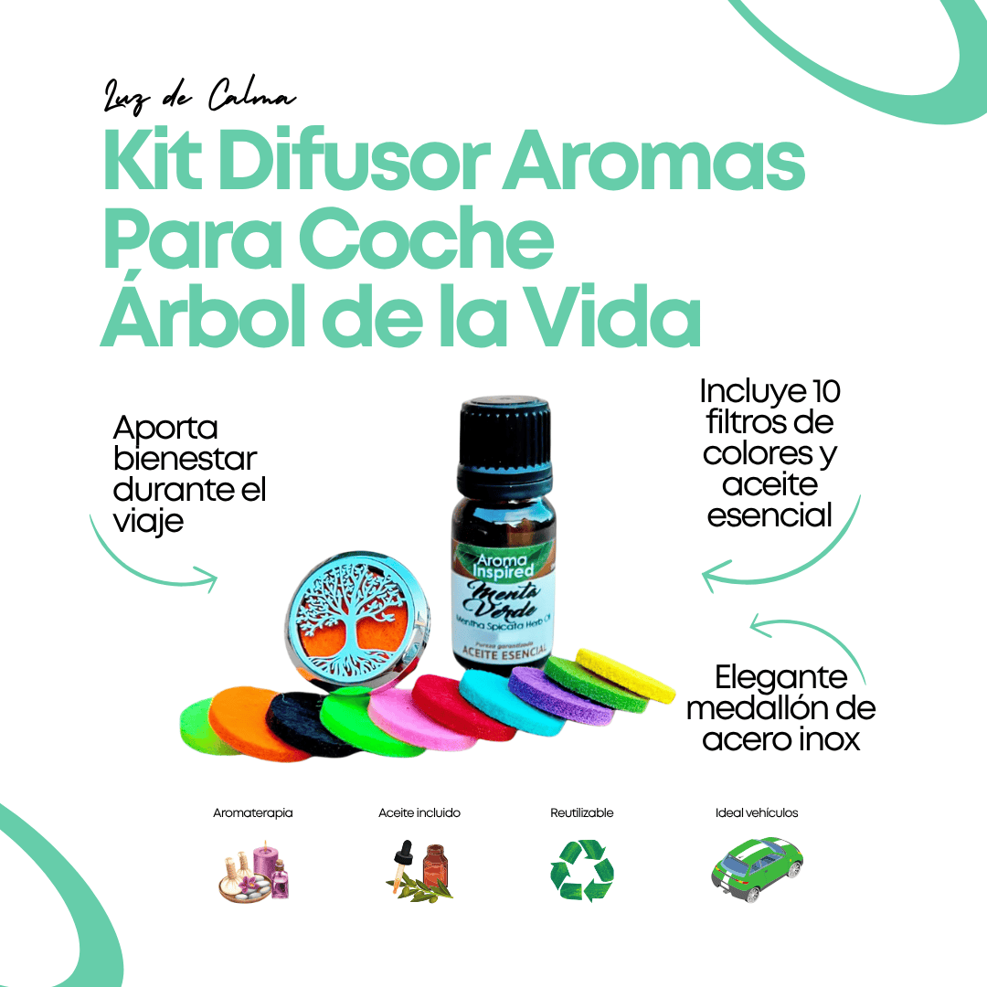 Kit difusor de aromas para coche con medallón Árbol de la Vida, aceite esencial de menta y almohadillas de colores reutilizables