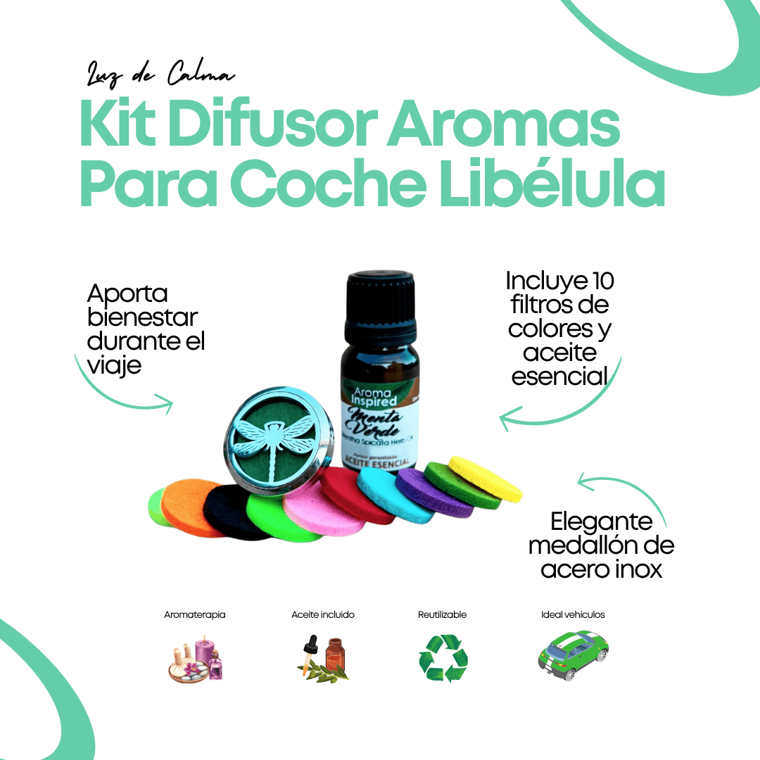 Kit difusor de aromas para coche con diseño de libélula, 10 discos de colores y aceite esencial de menta incluido.