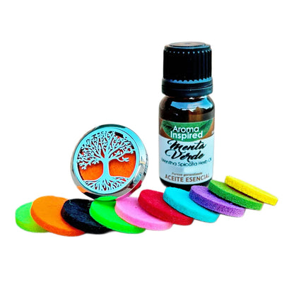 Difusor de aromas para coche con medallón Árbol de la Vida, almohadillas de colores y aceite esencial de menta verde.
