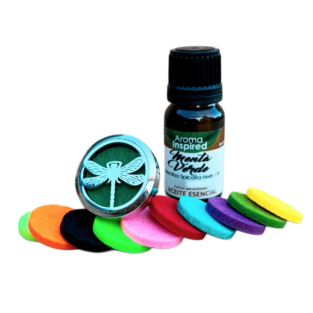 Kit difusor de aromas para coche con medallón libélula, aceite esencial de menta y almohadillas de colores reutilizables
