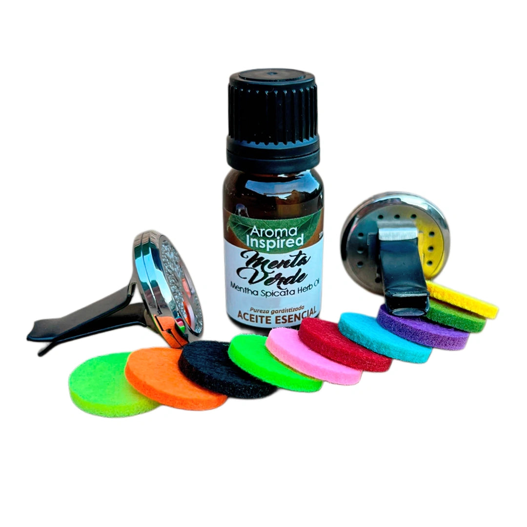 Vista posterior del kit difusor para coche con clip metálico, aceite esencial de menta verde y discos de fieltro multicolor