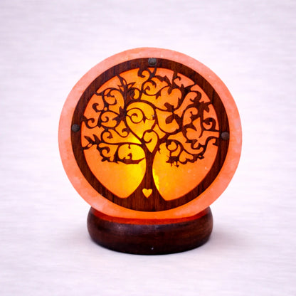 Lámpara de sal del Himalaya encendida con Árbol de la Vida, luz cálida relajante y base de madera