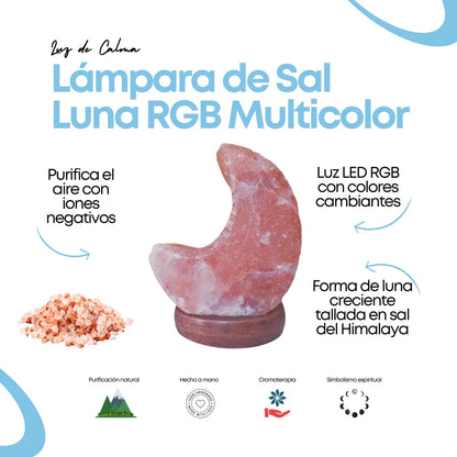 Lámpara de sal del Himalaya con forma de luna creciente sobre base de madera, iluminación LED RGB multicolor, ideal para purificar el aire, crear ambientes relajantes y decorar espacios con un toque espiritual.