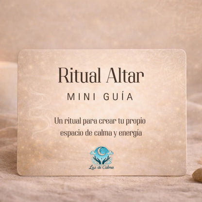 Tarjeta guía ritual altar con instrucciones para crear un espacio de calma y energía sobre fondo cálido