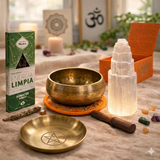 Pack ritual altar completo con cuenco tibetano artesanal, torre de selenita natural, incienso renacer y soporte ritual sobre fondo cálido