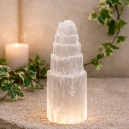 Torre de selenita natural de 15 cm iluminada sobre fondo natural con vela y hojas, símbolo de limpieza energética