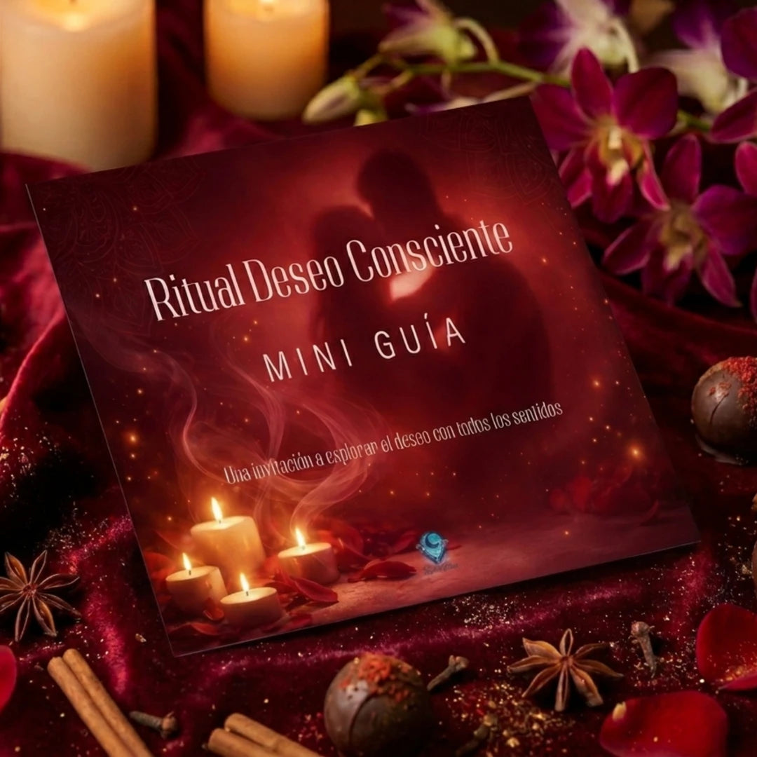 Tarjeta “Ritual Deseo Consciente – Mini Guía” sobre tela roja con velas encendidas, flores y especias, creando un ambiente cálido, envolvente y sensorial.