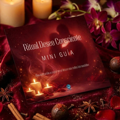 Tarjeta “Ritual Deseo Consciente – Mini Guía” sobre tela roja con velas encendidas, flores y especias, creando un ambiente cálido, envolvente y sensorial.