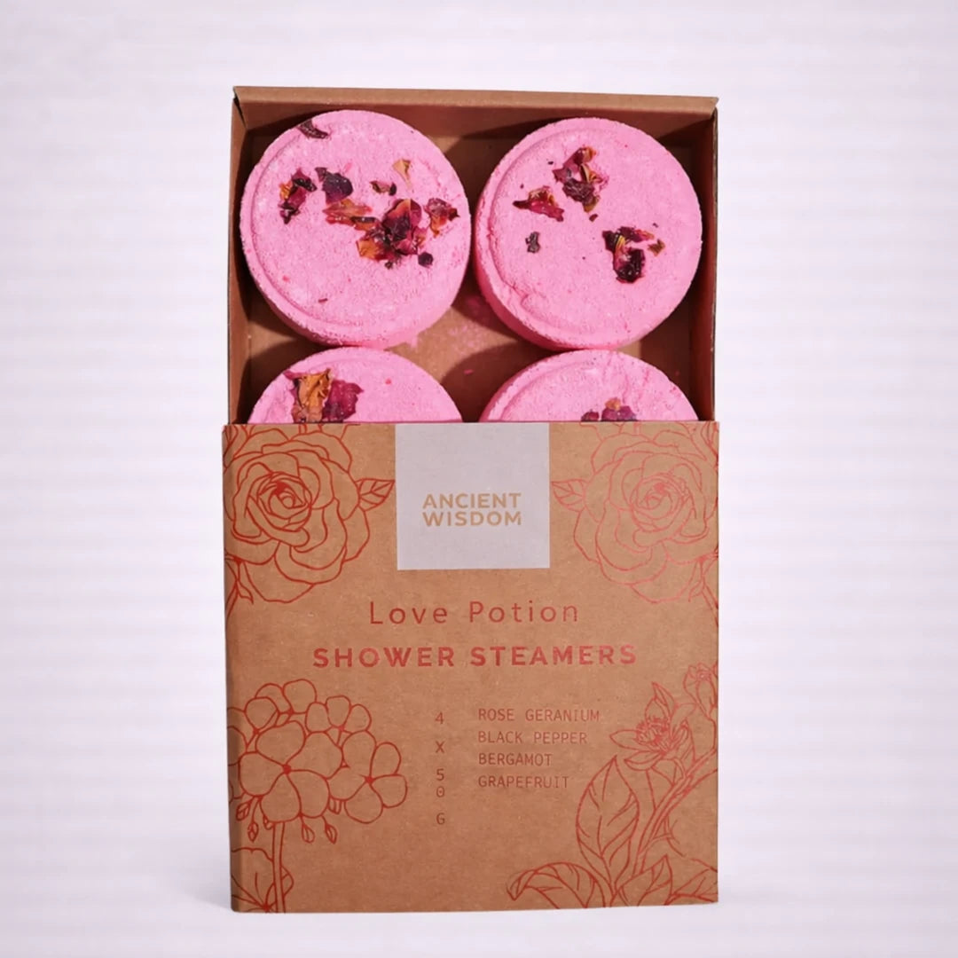 Vaporizadores de ducha Love Potion con geranio rosa, pimienta negra, bergamota y pomelo, aromaterapia sensorial en caja kraft
