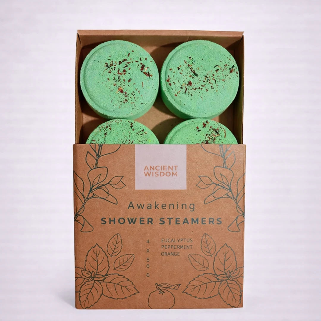 Vaporizadores de ducha Awakening con eucalipto, menta y naranja en caja kraft, aromaterapia energizante para la ducha