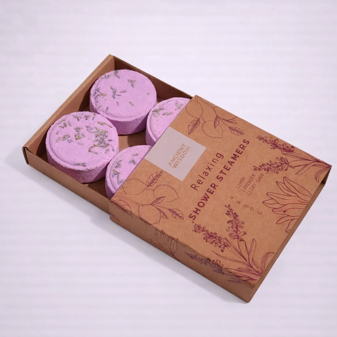 Vaporizadores de ducha relajantes ZEN en caja kraft abiertos con aroma a lavanda