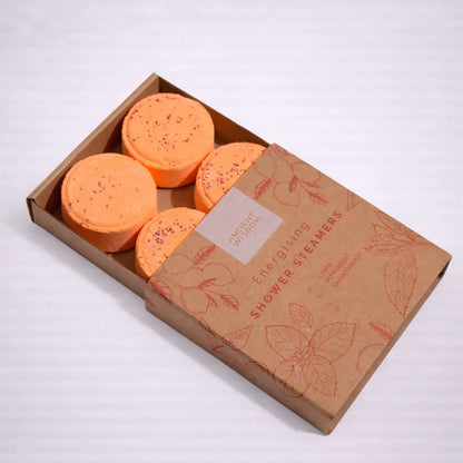 Vaporizadores de ducha energizantes ZEN en caja kraft abiertos con pastillas aromáticas naturales
