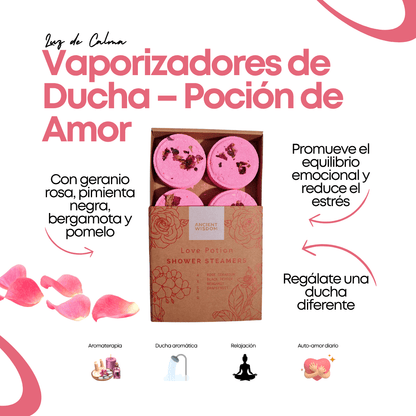 Vaporizadores de ducha relajante Poción de Amor con aceites esenciales de geranio, pimienta negra, pomelo y bergamota, ideal para aromaterapia en la ducha.