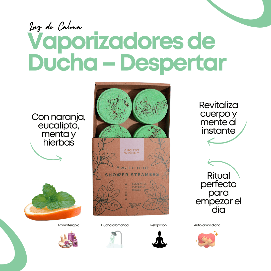 Imagen promocional del modelo Vaporizadores de Ducha ZEN Despertar con textos explicativos, iconos y color verde. Composición natural con naranja, menta, eucalipto y hierbas, perfecta para comenzar el día con energía.