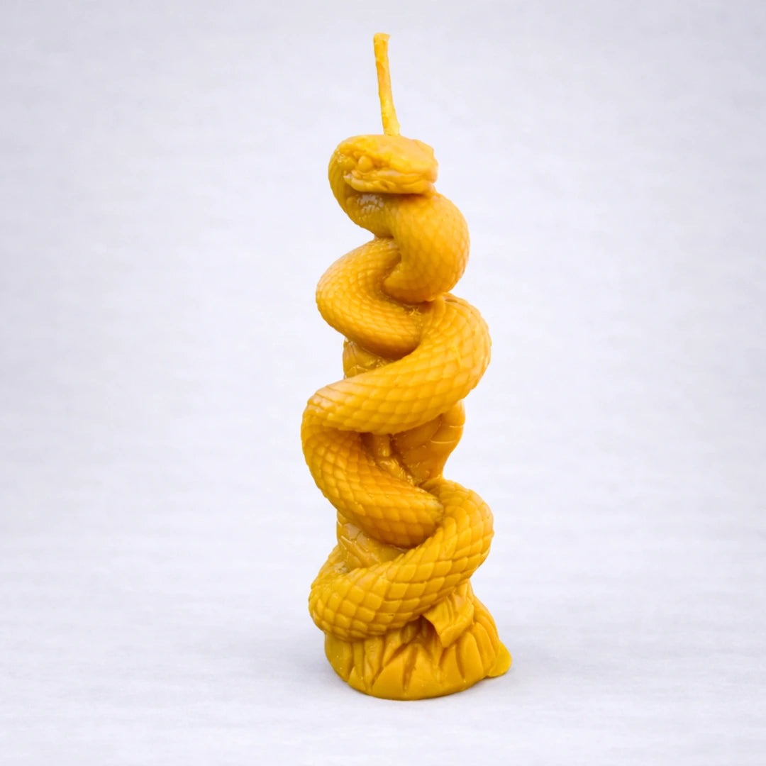 Vela artesanal de cera de abeja natural con forma de serpiente en espiral, diseño simbólico y decorativo