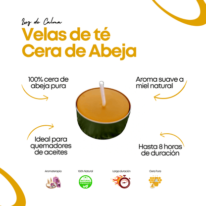 Vela de té natural de cera de abeja pura sobre fondo blanco, con mecha de algodón y envase metálico plateado, ideal para 8 horas de iluminación limpia y aromática