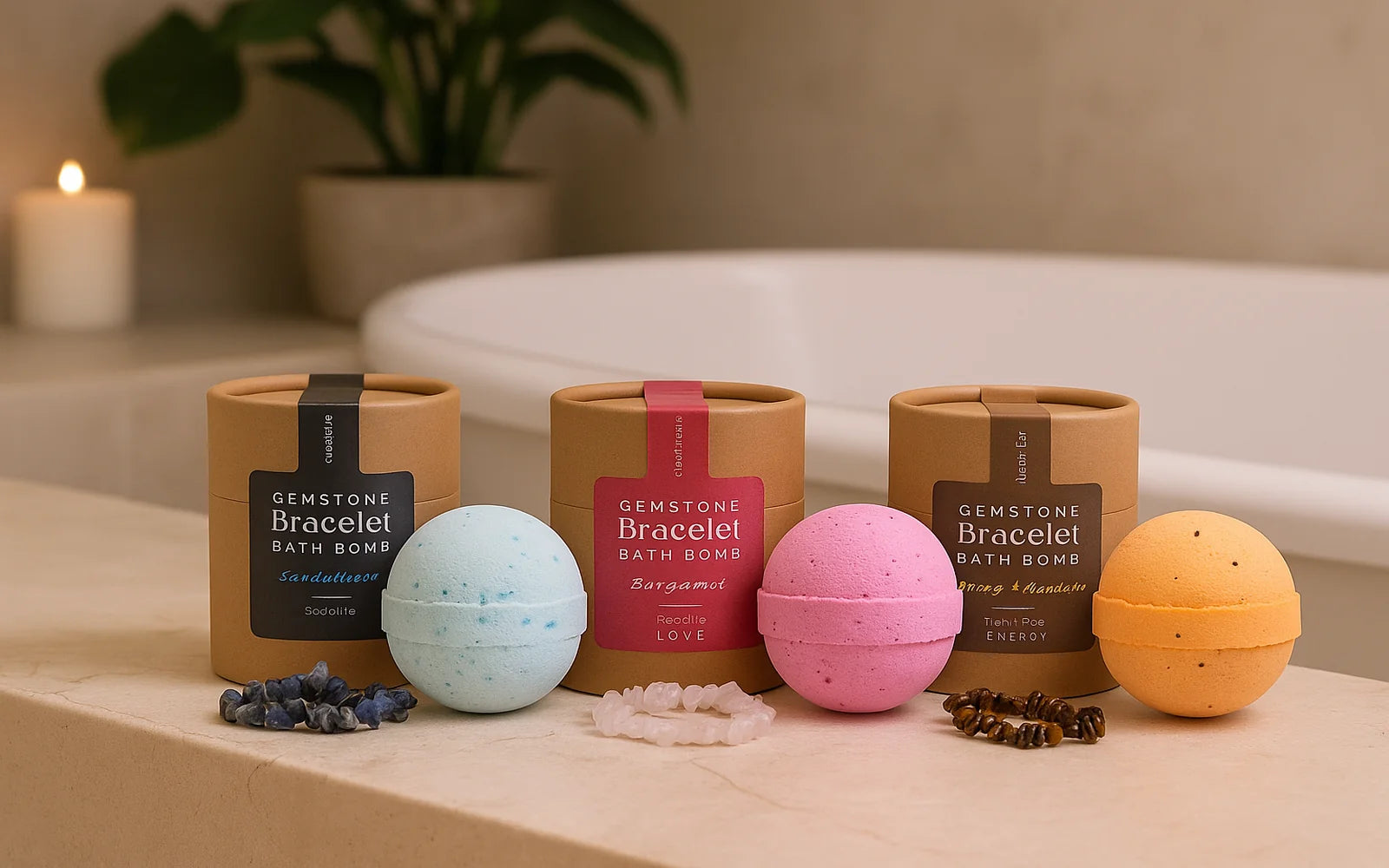 Bombas de baño con pulseras de gemas naturales junto a una bañera, en un ambiente relajante de spa. Incluye variedades con sodalita, cuarzo rosa y ojo de tigre.