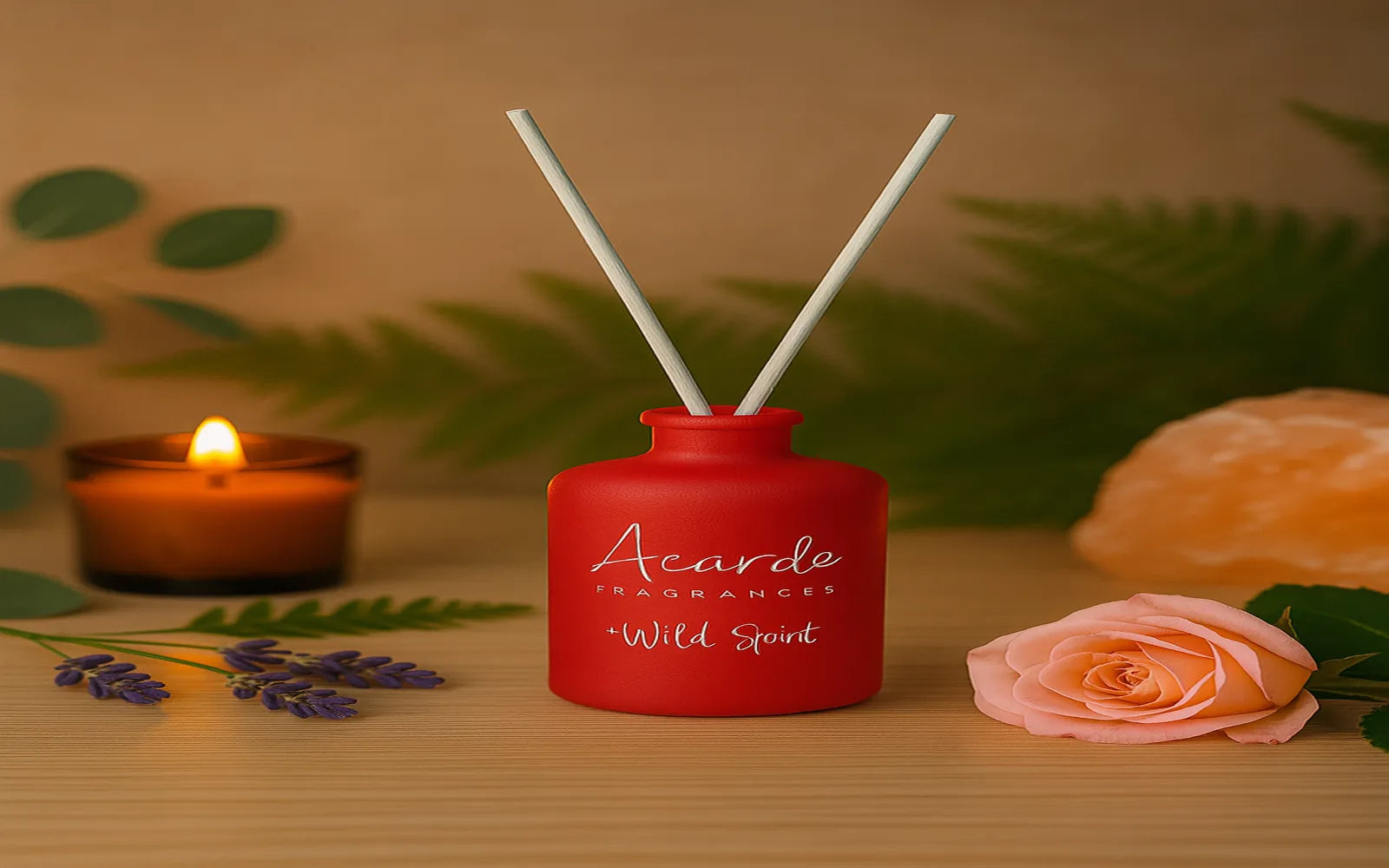 Difusor de varillas Mikado rojo en ambiente relajante de aromaterapia, rodeado de detalles naturales sobre fondo cálido.