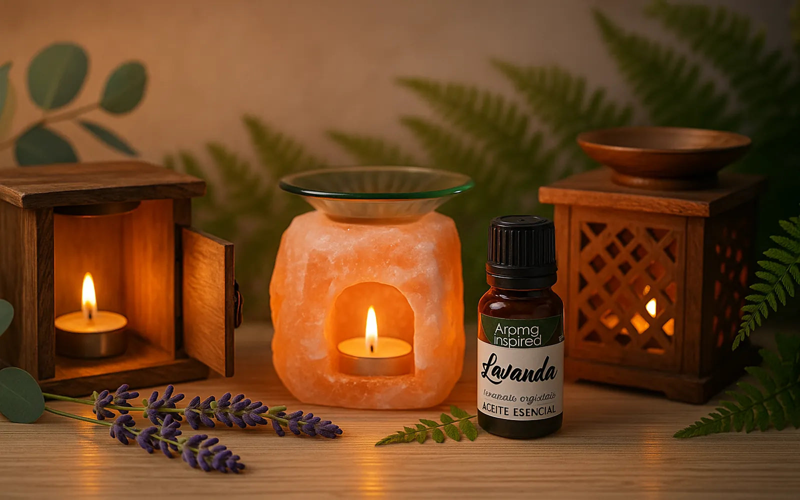 Quemadores de aceites esenciales de madera y sal del Himalaya encendidos junto a un frasco de aceite esencial de lavanda, con hojas y flores naturales de fondo en ambiente relajante.