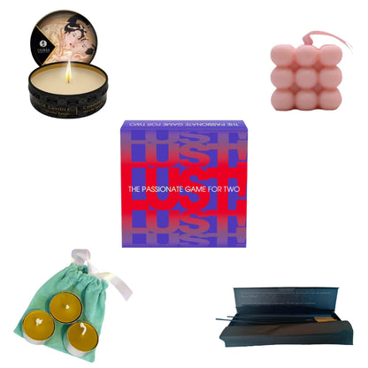 Productos del pack Ritual Sensorial: juego Just Lust, vela aromática, vela decorativa, velas de té y objeto ritual para crear una experiencia sensorial en pareja