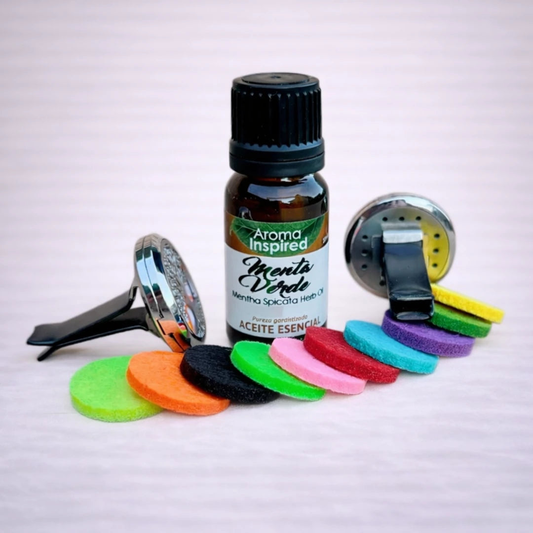 Kit difusor de coche con pinza metálica, aceite esencial de menta verde y recambios de fieltro multicolor