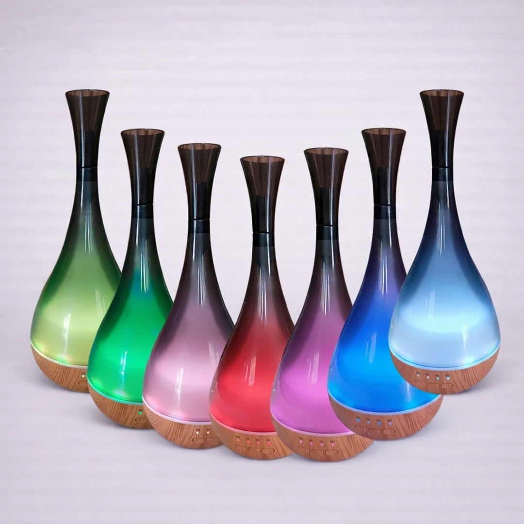 Difusor de aromas París con luz LED multicolor, diseño elegante tipo lágrima y base efecto madera