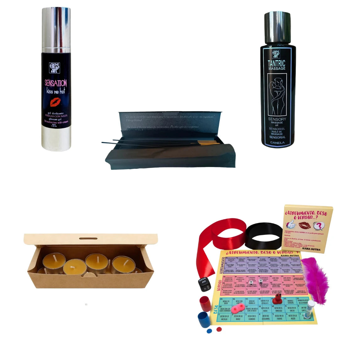 Pack Deseo Consciente con juego para parejas, velas de cera natural, incienso, aceite de masaje y lubricante a elegir
