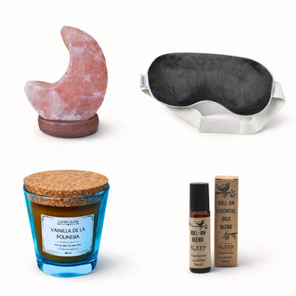 Set relajación para dormir mejor con vela aromática antifaz roll on sleep y lámpara de sal natural productos incluidos