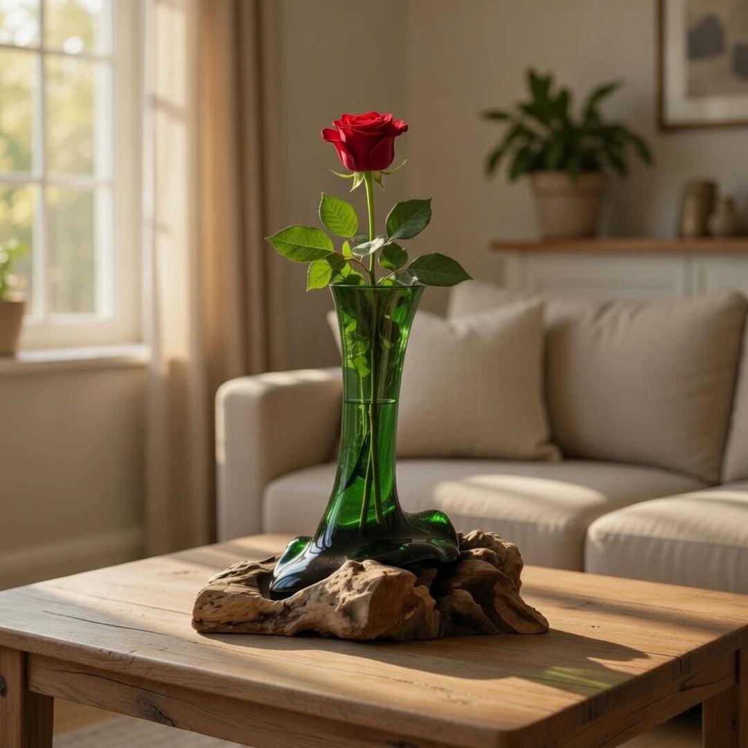 Florero de vidrio verde sobre madera natural con rosa roja en mesa de salón
