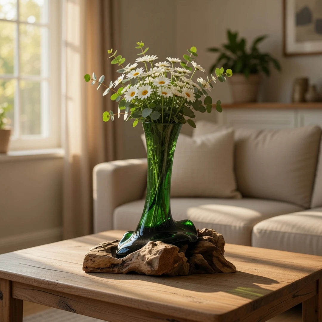 Florero de vidrio verde fundido sobre base de madera natural con flores en salón luminoso