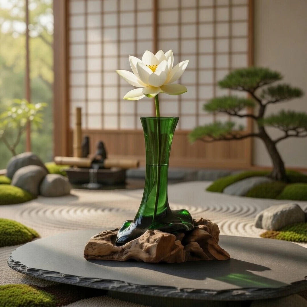 Florero de vidrio verde sobre madera natural con flor de loto en escena de jardín zen